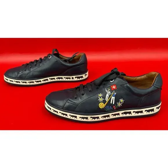 Bally Animal Anistern Navy Blue Leather Low Top Embroidered Sneakers Sz 6 1/2 D